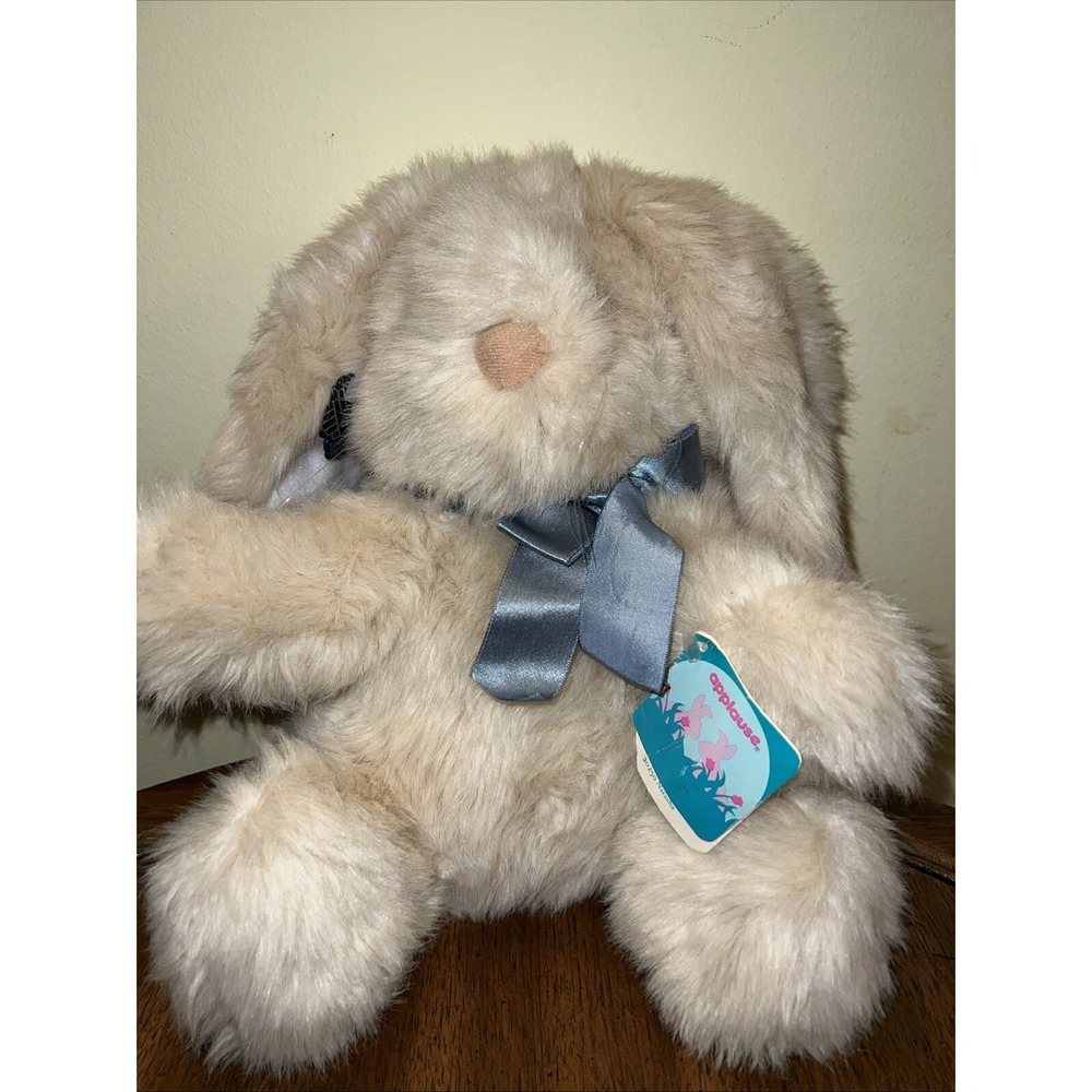 1987 Applause Natasha Plush Easter Bunny Rabbit Light Tan Blue Bow Vintage 12"